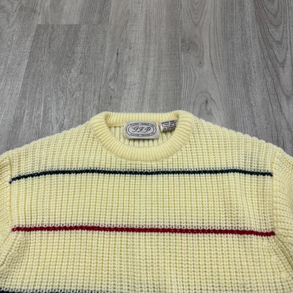 Vintage Plenge Trading Sweater Men's Large Cream Striped Knit Crewneck 90s - Picture 3 of 6